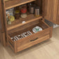 Brown farmhouse pantry cabinet with two doors, open shelves, and bottom drawer