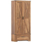 Brown pantry cabinet with double doors and lower drawer, wood-grain finish