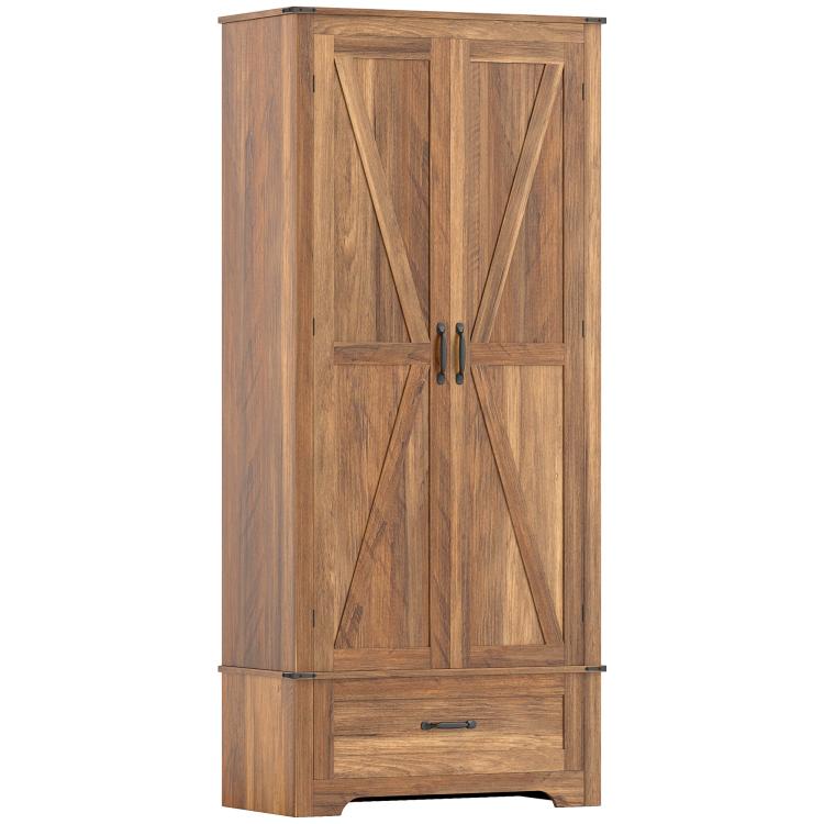 Brown pantry cabinet with double doors and lower drawer, wood-grain finish