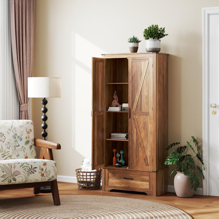 Brown pantry cabinet with one open door showing shelves and a front drawer