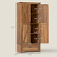 Brown farmhouse pantry cabinet with open door, interior shelves, and drawer base