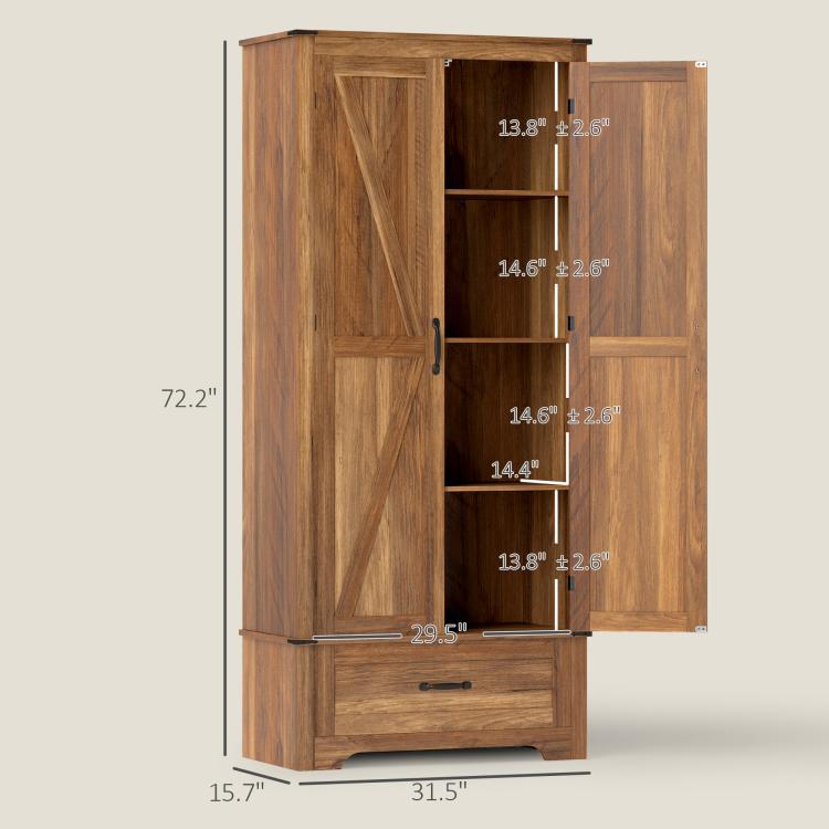 Brown farmhouse pantry cabinet with open door, interior shelves, and drawer base
