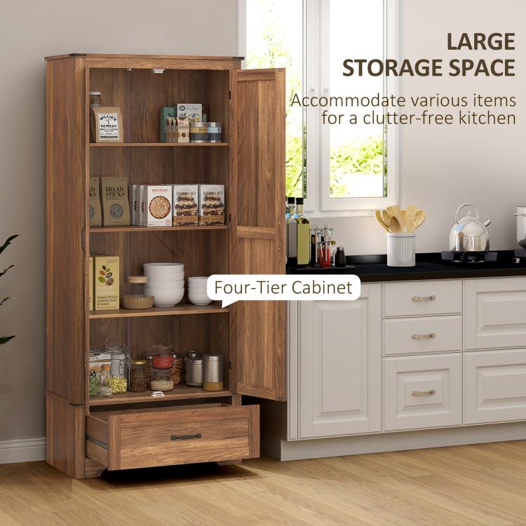 Brown pantry cabinet with open doors, storage shelves, and bottom pull-out drawer