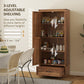 Brown pantry cabinet with open doors and three-level interior shelving