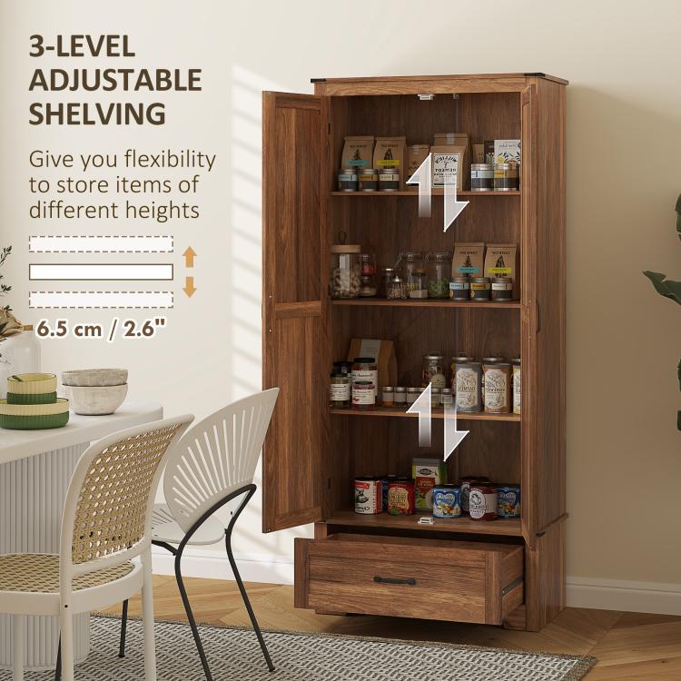 Brown pantry cabinet with open doors and three-level interior shelving