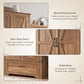 Brown pantry cabinet with barn-style doors, black metal handles, and stable base
