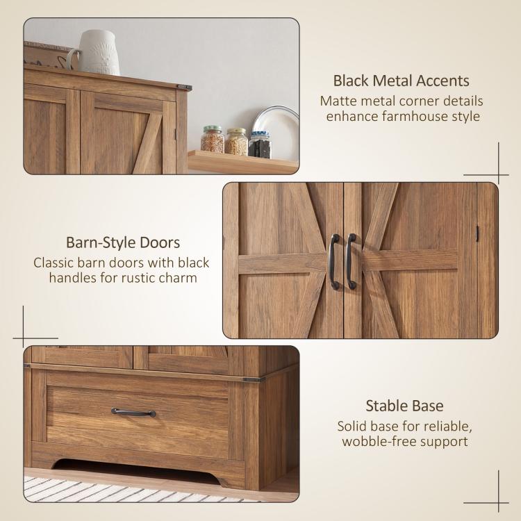 Brown pantry cabinet with barn-style doors, black metal handles, and stable base