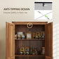 Brown pantry cabinet with open doors, interior shelves, and anti-tip top hardware