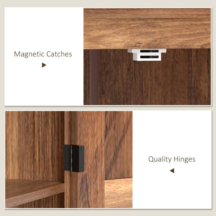 Brown pantry cabinet door with magnetic catch and hinge close-up