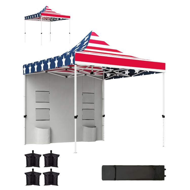 American flag pop-up canopy tent with gray sidewalls and storage pocket panels