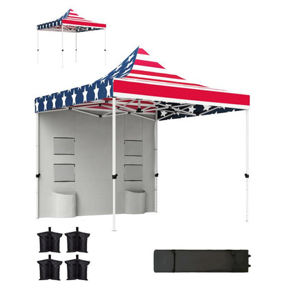 American flag pop-up canopy tent with gray sidewalls and storage pocket panels