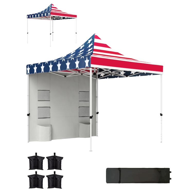 American flag pop-up canopy tent with gray sidewalls, accessory storage bags and cover