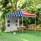American flag pop-up canopy tent with grey sidewalls and open side panels