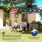 American flag pop-up canopy tent with gray sidewalls over a seating area
