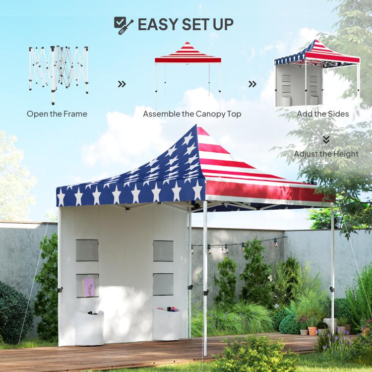 American flag pop-up canopy tent with gray sidewalls displayed for assembly