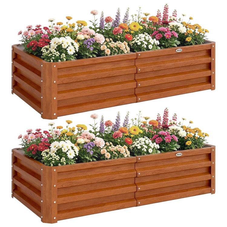 Brown wooden raised garden bed with slatted sides, filled with colorful flowers and greenery