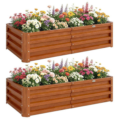 Brown wooden raised garden bed with slatted sides, filled with colorful flowers and greenery