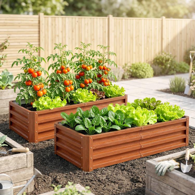 Brown wooden raised garden bed set with vegetables and leafy greens growing inside