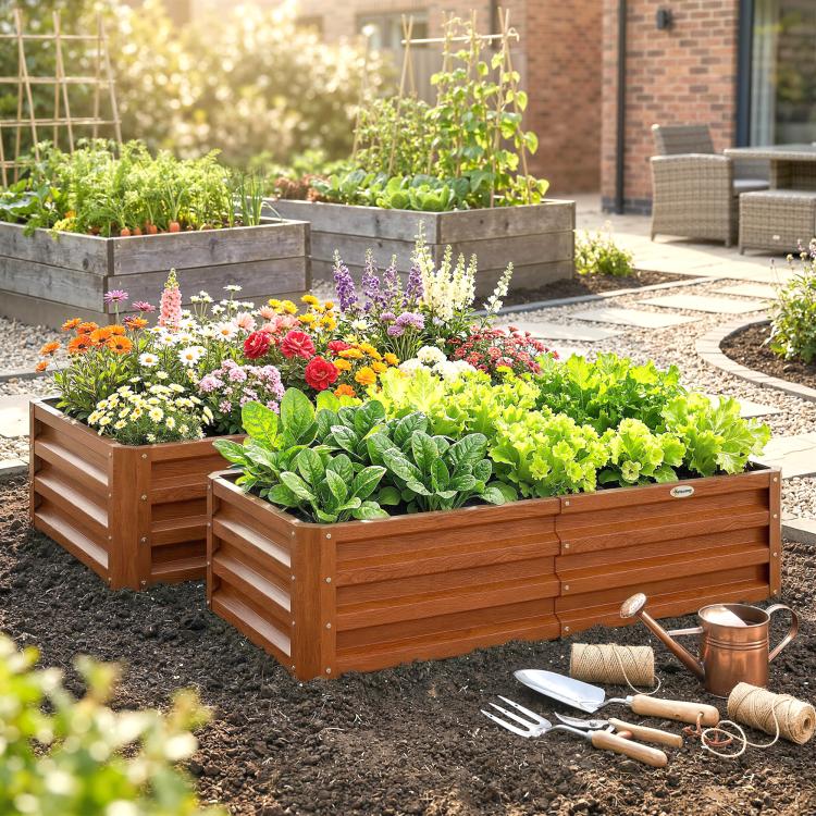 Brown wooden raised garden bed with slatted sides, filled with mixed flowers and greens