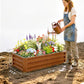Brown wooden raised garden bed with slatted sides, filled with flowers; size markers shown