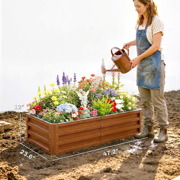 Brown wooden raised garden bed with slatted sides, filled with flowers; size markers shown