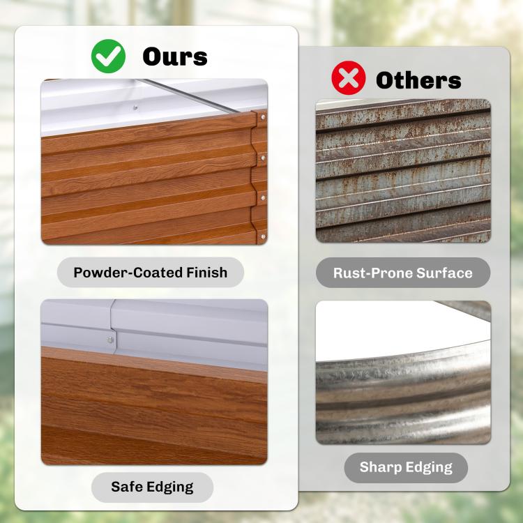Two-panel graphic comparing garden box finishes, with images of wooden slatted sides