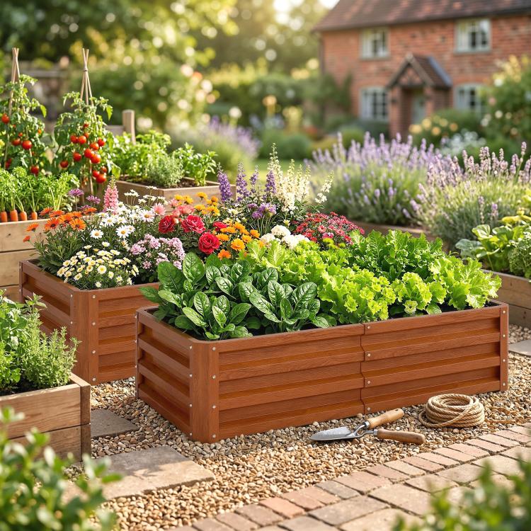 Brown wooden raised garden bed with slatted sides, filled with flowers, herbs, and greenery