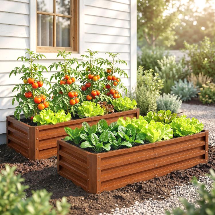 Brown wooden raised garden bed with slatted sides, filled with orange tomatoes and leafy greens