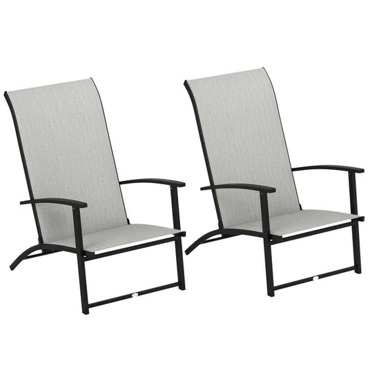 Set of 2 folding high-back outdoor dining chairs with armrests, gray fabric seats and black frames