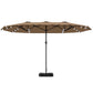 Khaki double-sided patio umbrella open over base with solar LED light bulbs