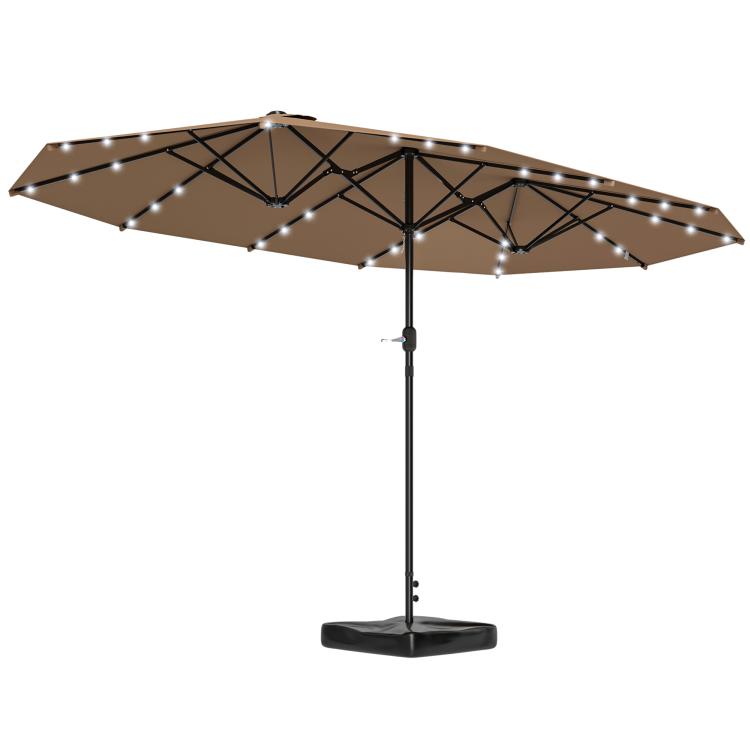 Khaki garden parasol with LED string lights, open canopy, and round base