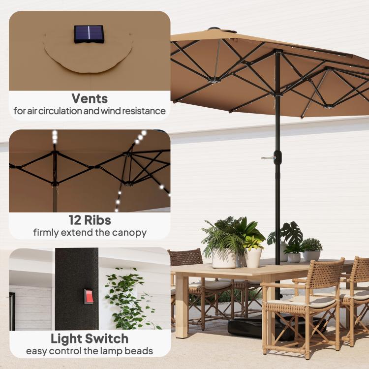 Khaki patio umbrella with LED canopy lights, 12 ribs, and vented design