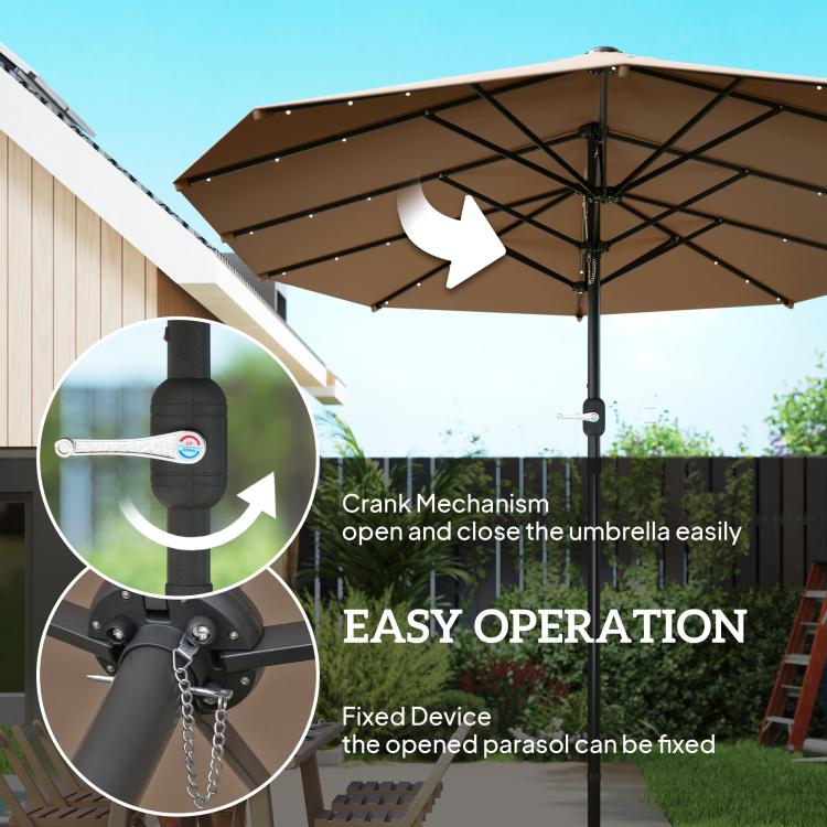 Khaki patio umbrella pole with crank mechanism and chain for easy operation