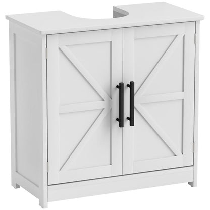 White farmhouse-style bathroom sink storage cabinet with double barn doors and black handles