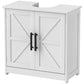 White bathroom vanity base cabinet with paneled barn doors and black metal bar handles