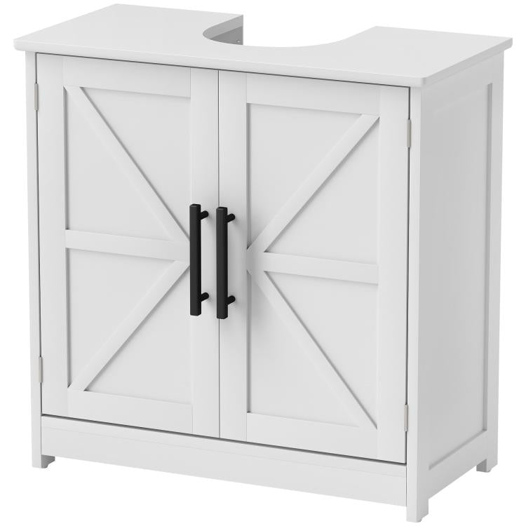 White bathroom vanity base cabinet with paneled barn doors and black metal bar handles