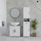 White bathroom sink storage cabinet with two barn doors and adjustable interior shelf