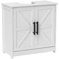 White cabinet with two paneled barn doors and black pull handles, front view
