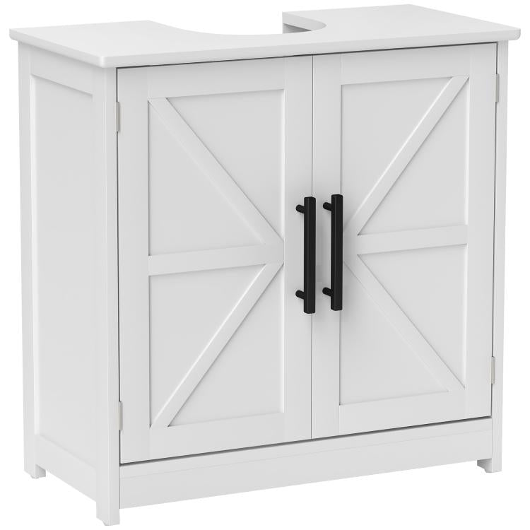 White cabinet with two paneled barn doors and black pull handles, front view