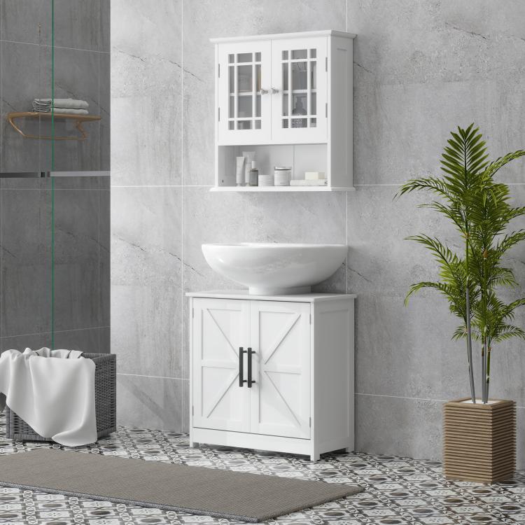 White bathroom sink storage cabinet with barn doors, open shelving, and black hardware