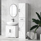 White bathroom sink cabinet with barn-style doors, black hardware, and built-in shelving