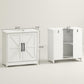 White bathroom sink storage cabinet with barn doors; side and open interior view