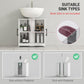 White bathroom cabinet showing open shelves for sink storage; sink not included