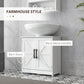 White farmhouse bathroom cabinet with barn doors and black metal handles