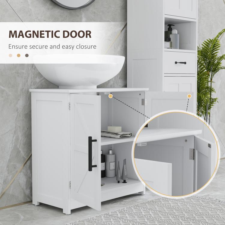 White bathroom sink cabinet with barn doors and magnetic closure showing open interior