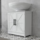 White bathroom sink storage cabinet with double barn doors and black bar handles