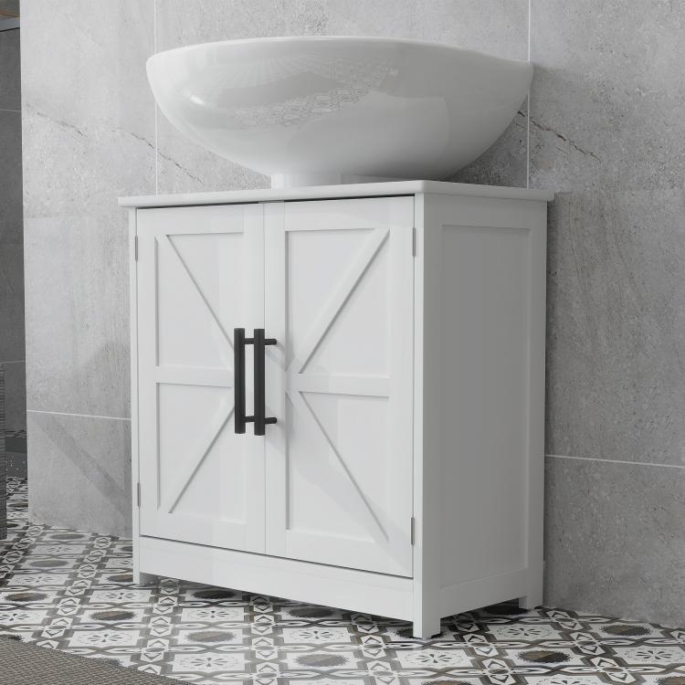 White bathroom sink storage cabinet with double barn doors and black bar handles