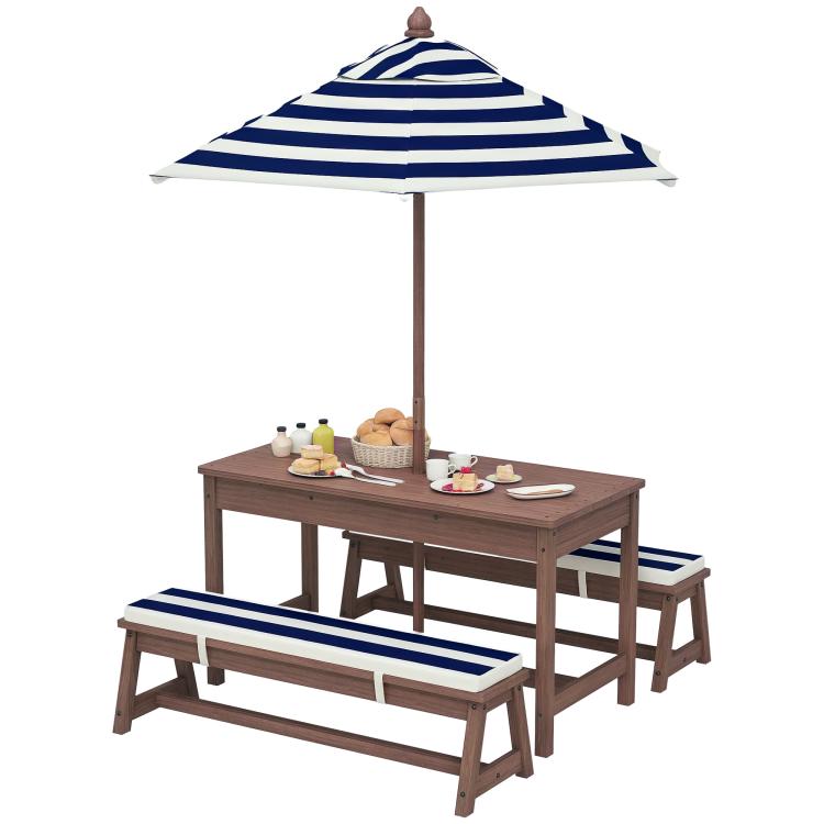 Kids wooden picnic table set with navy striped umbrella and cushioned benches