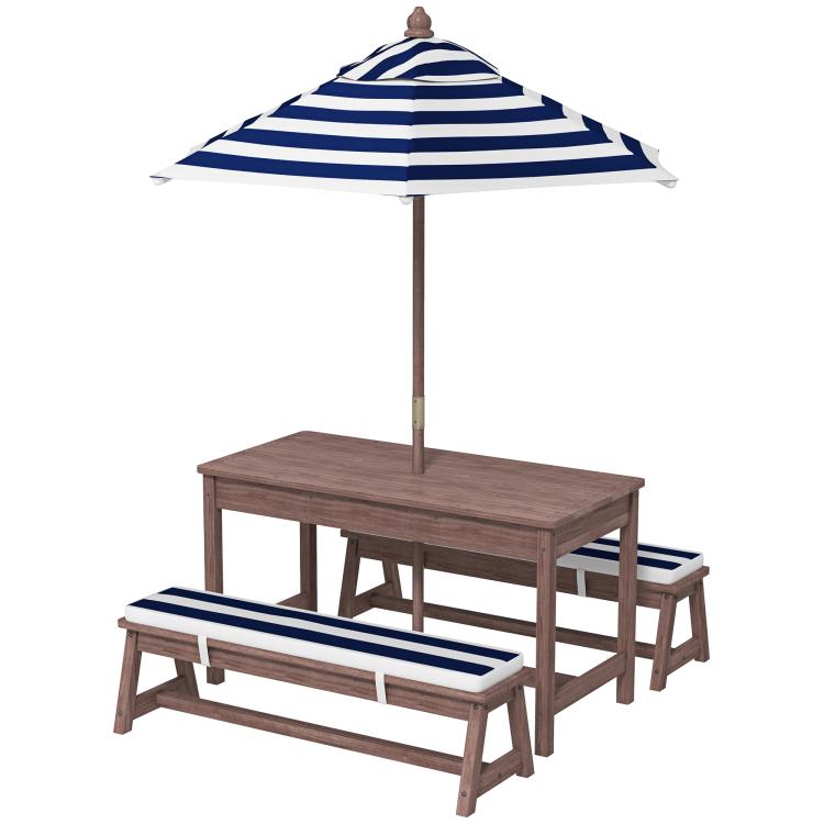 Side view: kids wooden picnic table set with navy striped umbrella and benches