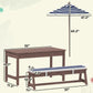 Wooden kids picnic table and bench set size diagram with navy striped cushions